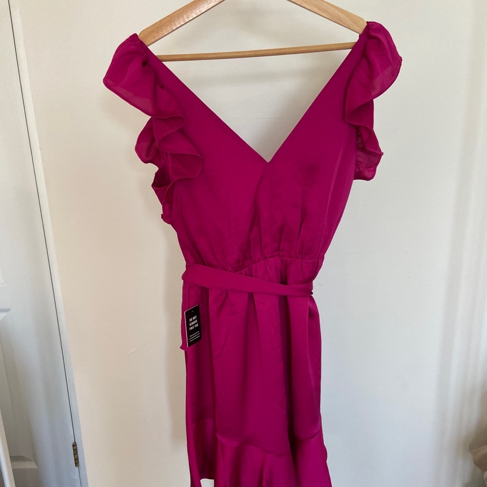 EXPRESS SATIN TIE WAIST RUFFLE DRESS - Picture 3 of 7